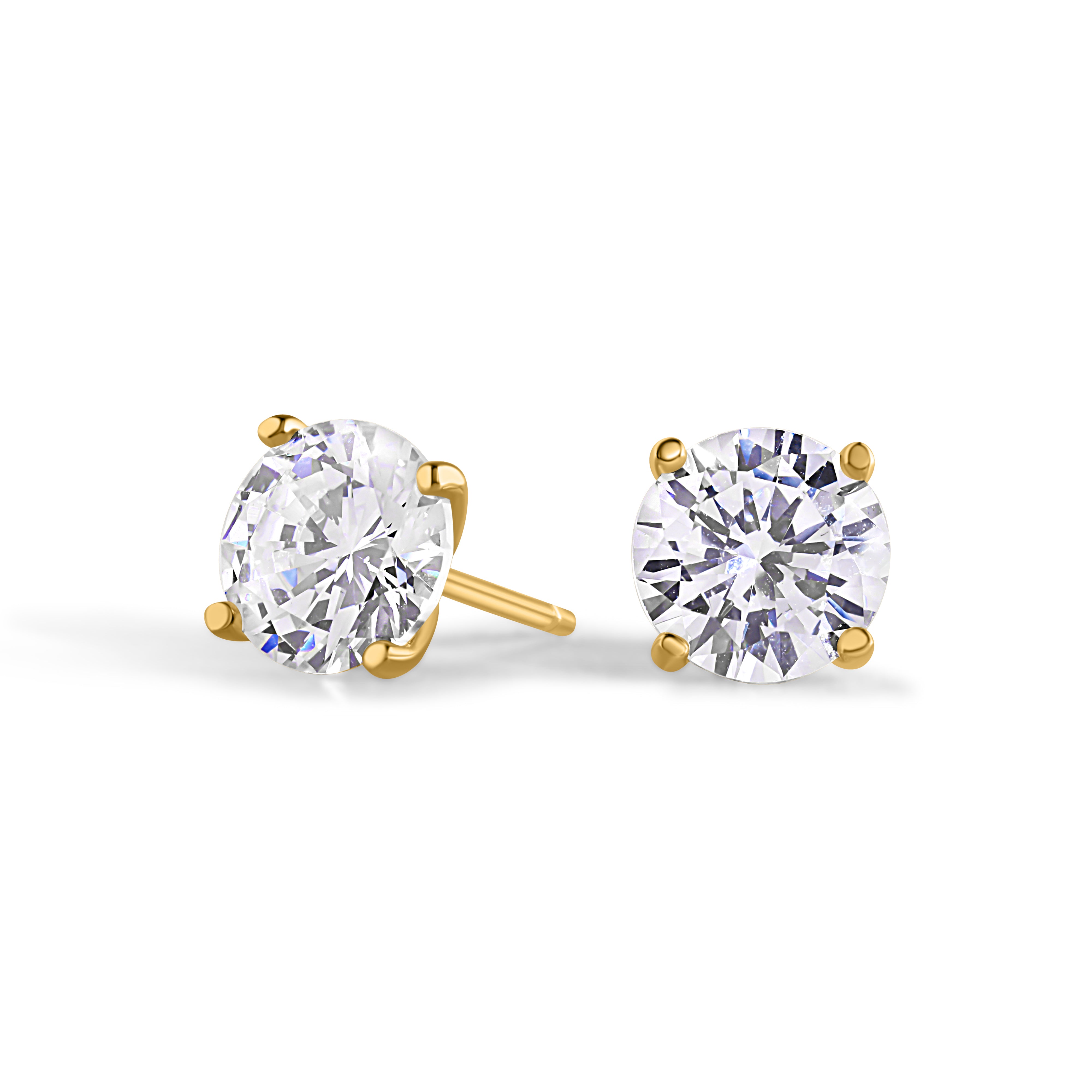A pair of round premium zirconia stud earrings in 18k gold coated sterling silver setting.