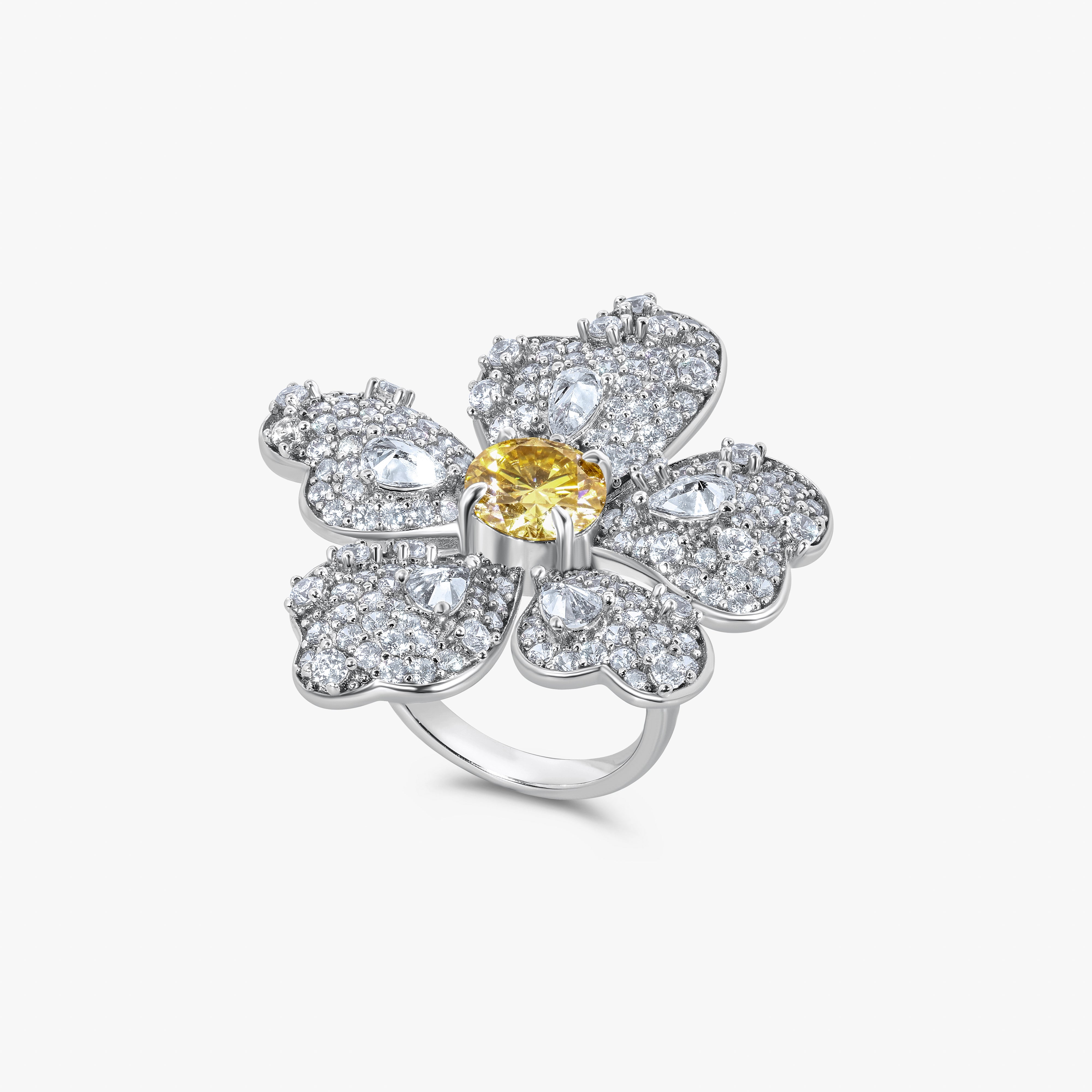 The Flower Ring in sterling silver and flawless moissanite  by Viviana Halil of Beverly Hills.