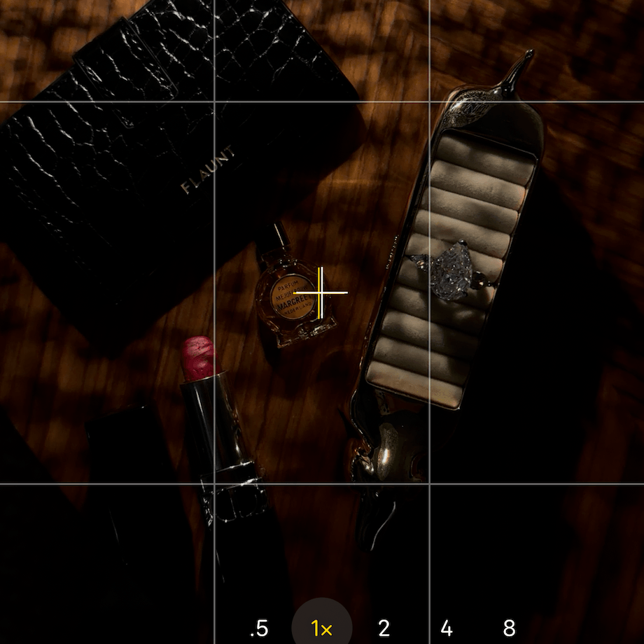 Camera interface with grooming tools on a textured surface