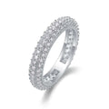 Full pavé moissanite eternity ring in sterling silver with a continuous circle of hand-set stones