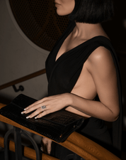 Viv Halil wearing the Aurora emerald-cut statement ring in sterling silver with a pavé halo