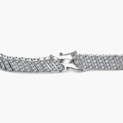 The Gaia Bracelet by Viviana Halil Clasp closure close up diamond-free pavé Moissanite link bracelet in sterling silver.