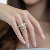 Stacked ring look featuring The Gia Ring paired with another Viviana Halil band for a quiet luxury, diamond-free style.