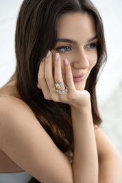 The Gia Ring styled on hand – emerald-cut premium zirconia eternity-style ring by Viviana Halil in pure sterling silver.