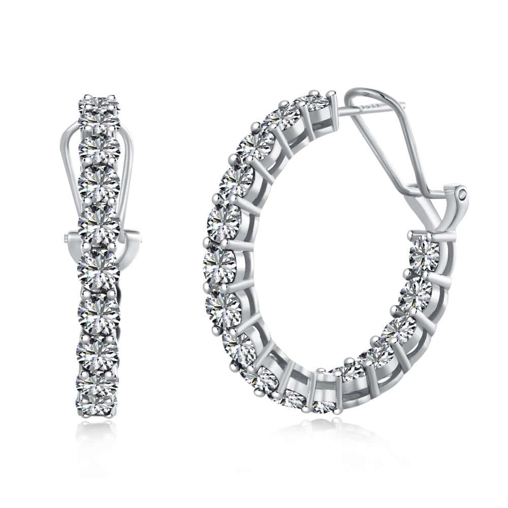 A pair of sterling silver hoop earrings encrusted with premium zirconia stones.