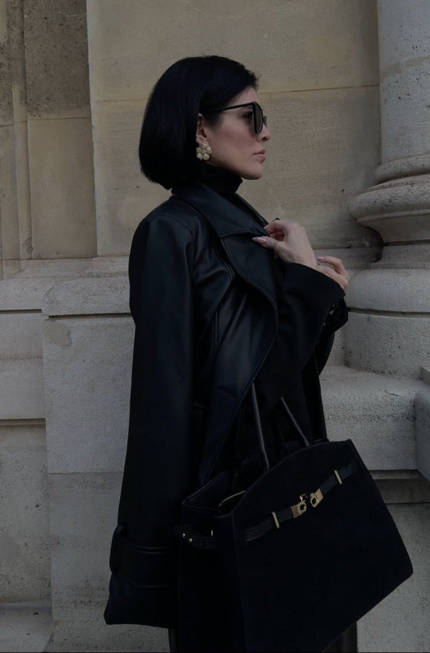 The Harriet earrings in 18k gold coated sterling silver set with flawless moissanite. Worn by Viv Halil.