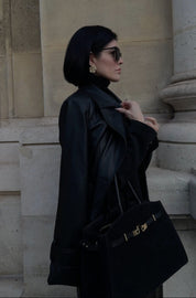 The Harriet earrings in 18k gold coated sterling silver set with flawless moissanite. Worn by Viv Halil.