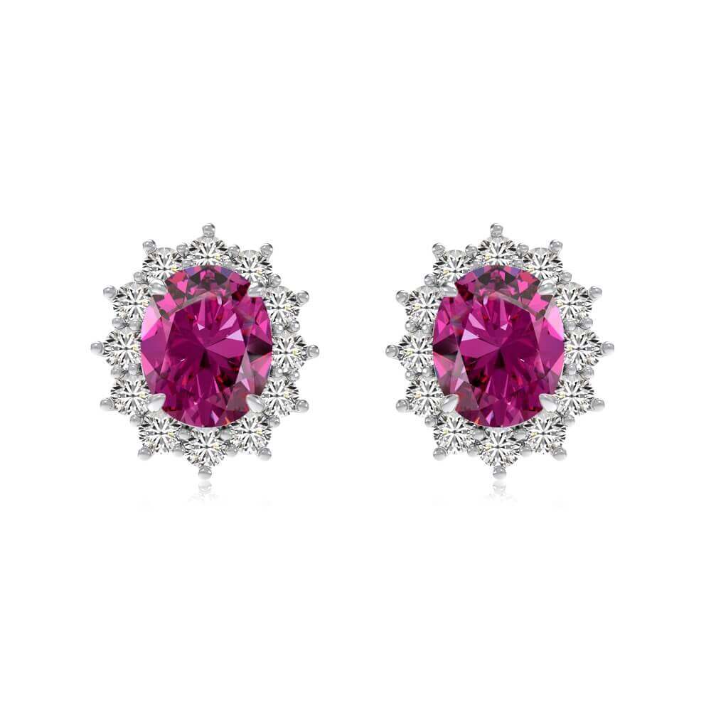 Close-up of The Lucia Studs featuring oval fuchsia center stone and halo brilliance by Viviana Halil.
