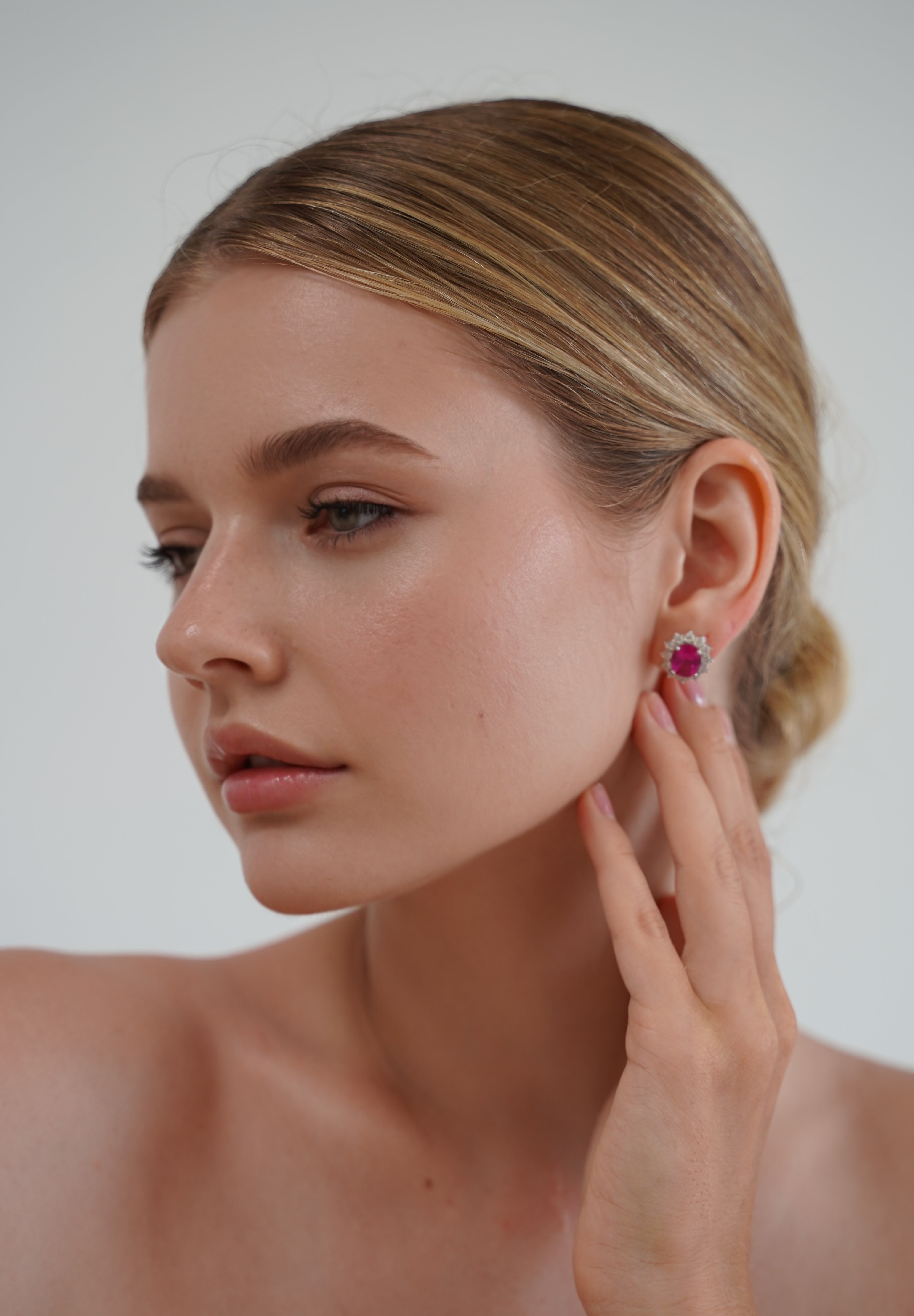 Sterling silver statement studs styled on ear — The Lucia Studs by Viviana Halil of Beverly Hills. 