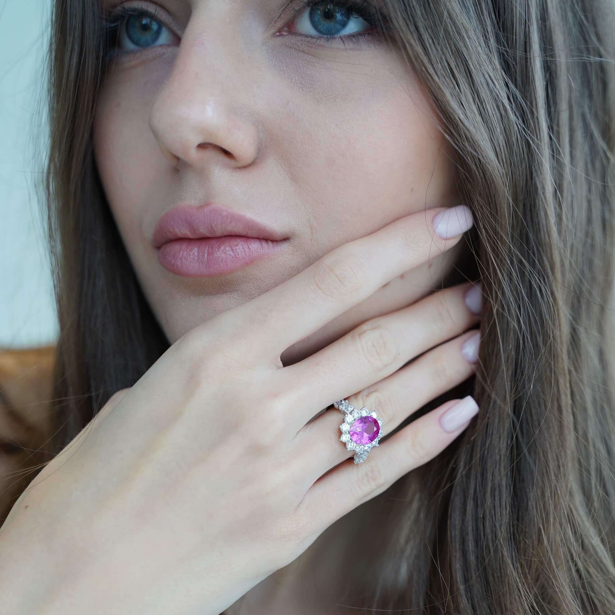 The Lucia Ring by Viviana Halil — pink halo ring in sterling silver.