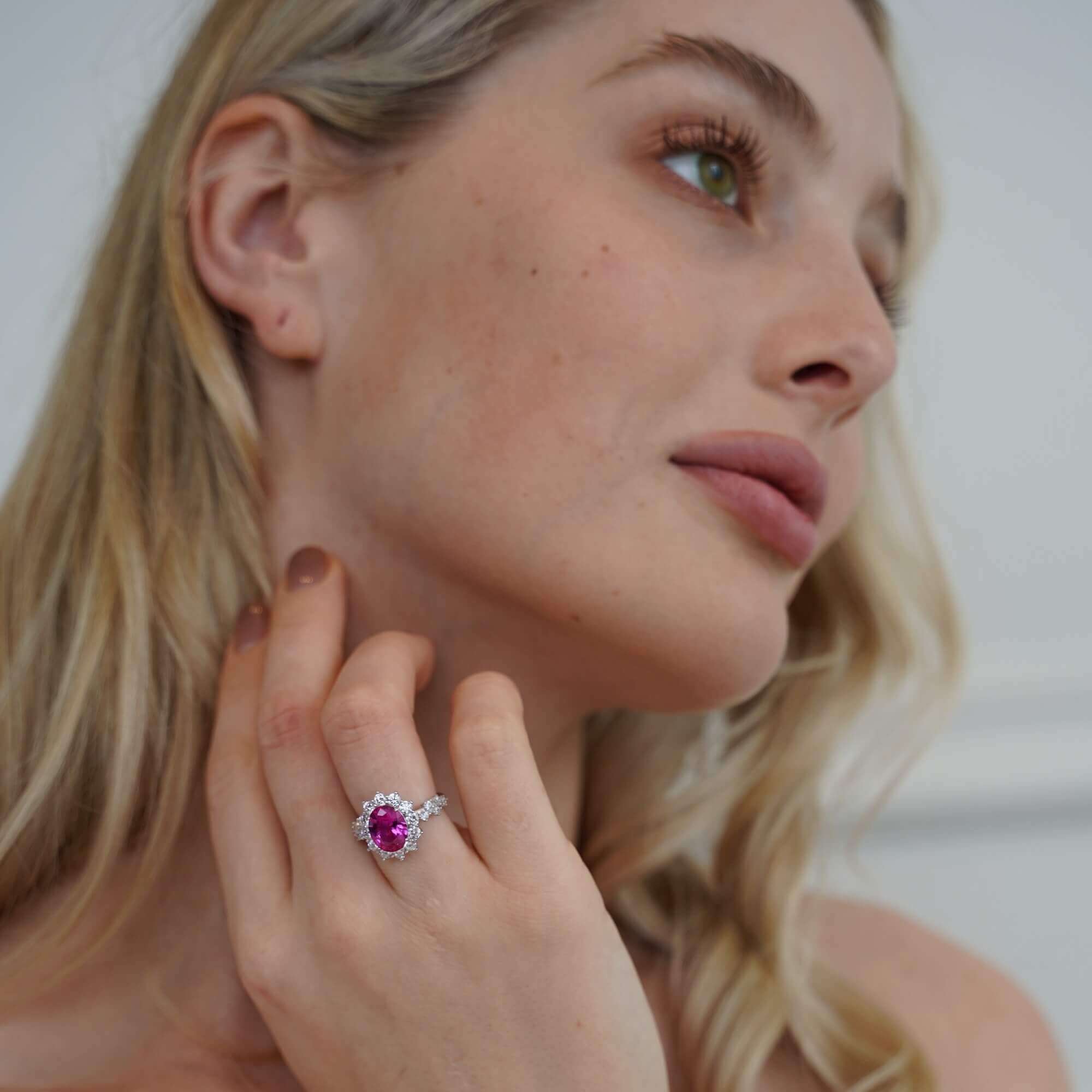 Editorial image of The Lucia Ring — high jewelry–inspired diamond-free design by Viviana Halil of Beverly Hills. 