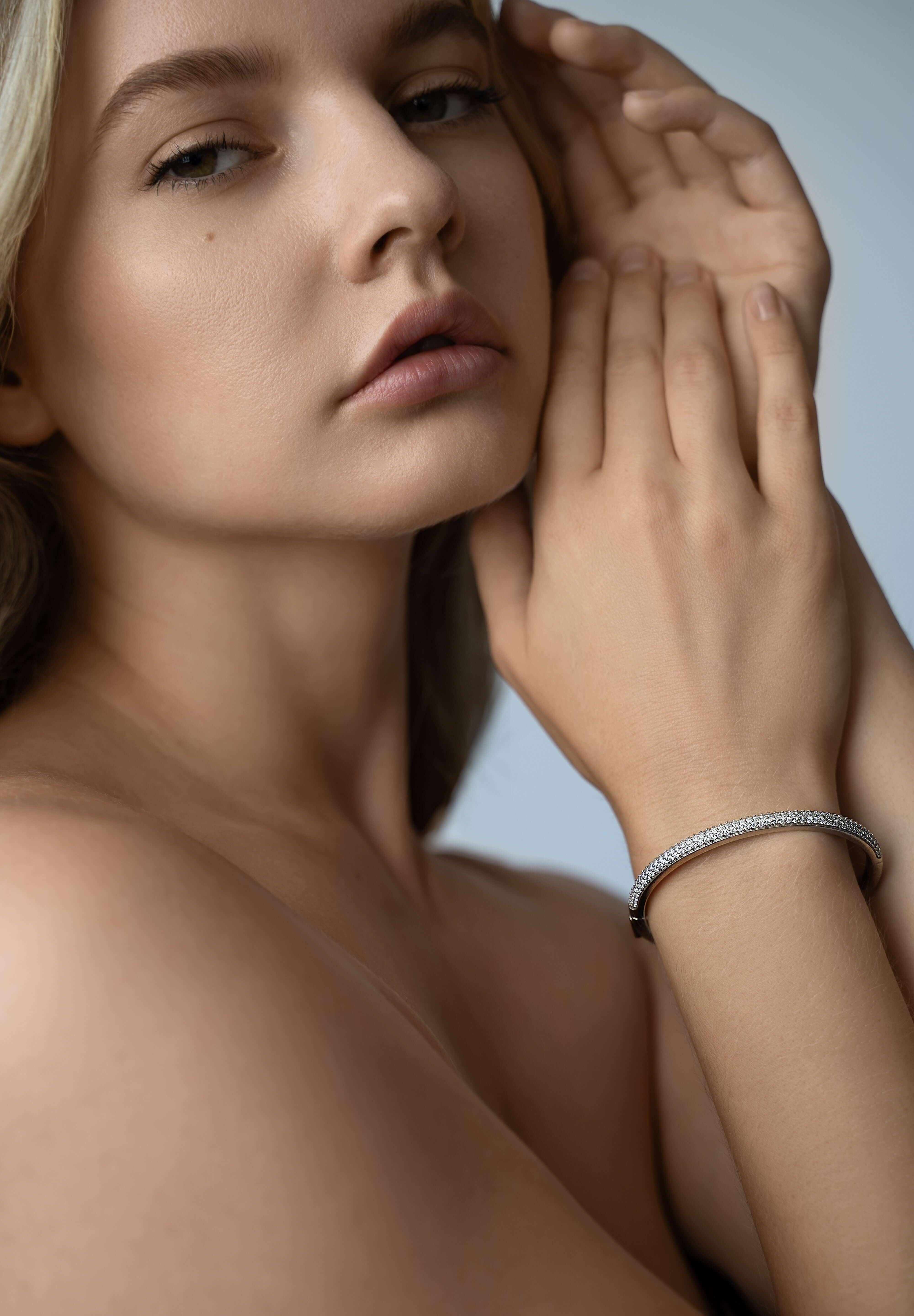 Diamond-free pavé bangle styled on wrist — The Maeve Bangle by Viviana Halil.