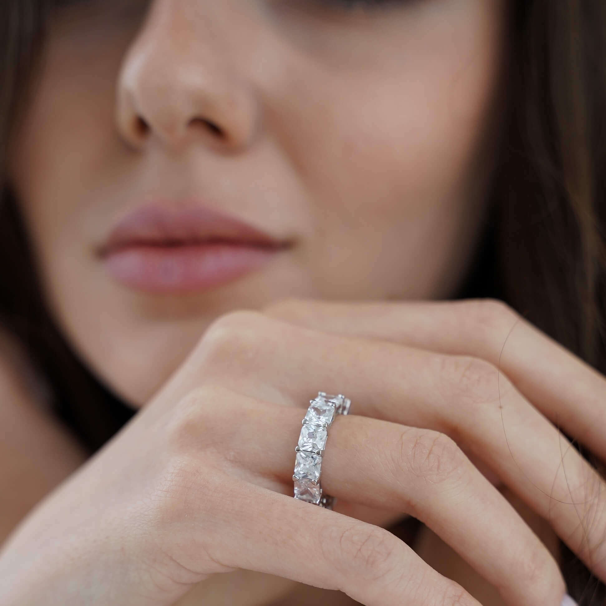 The Mia Ring sterling silver eternity statement ring by Viviana Halil worn by model. 