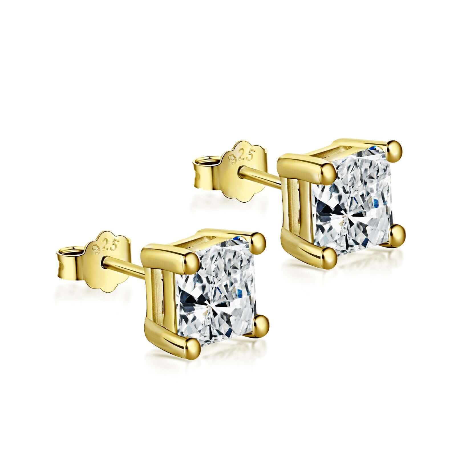 Luxury 18k gold princess-cut stud earrings by Viviana Halil in Beverly Hills.