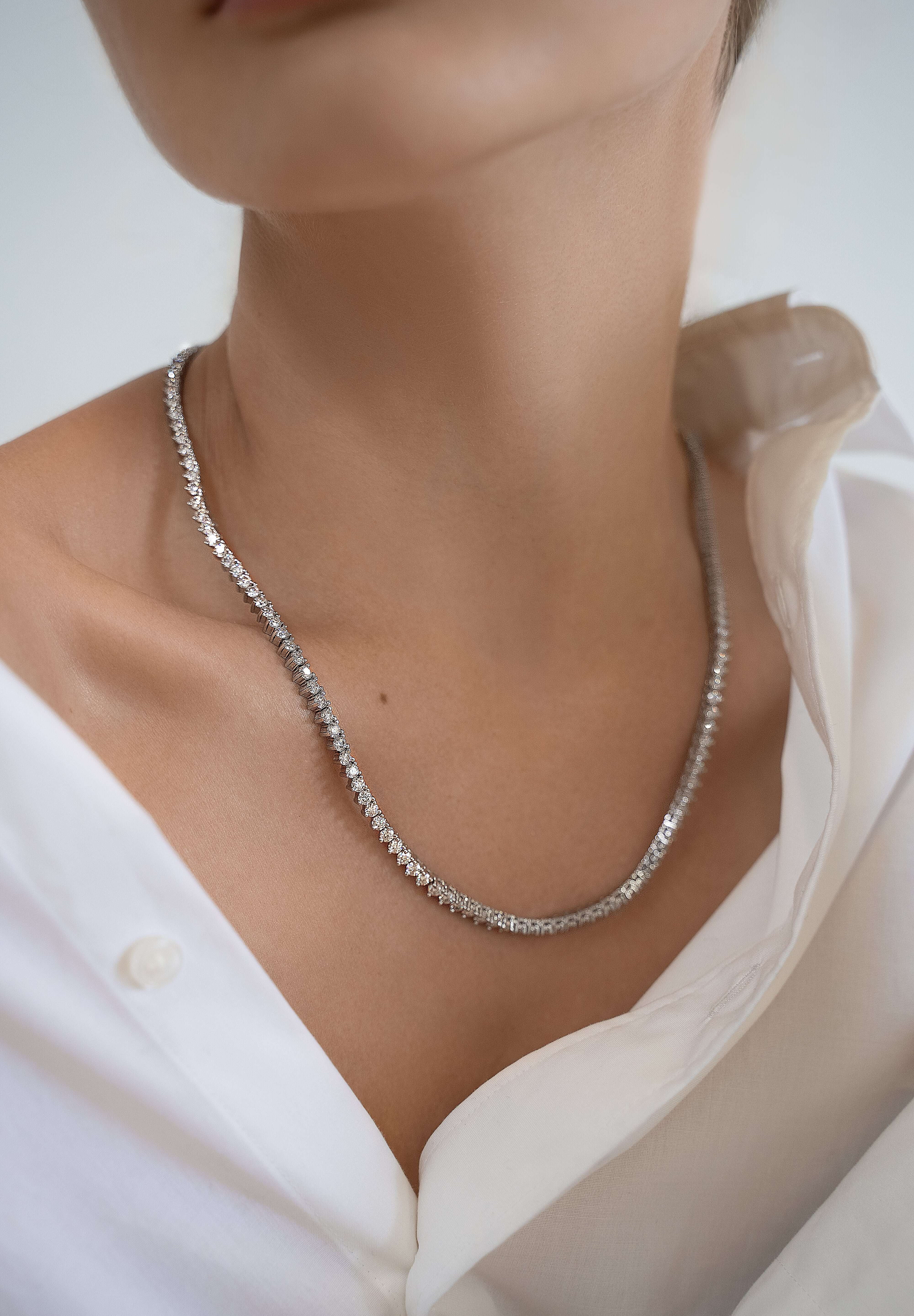 Diamond-free tennis necklace styled on neck — The Soleil by luxury house Viviana Halil.