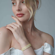 Model wearing The Chiara Bracelet luxury 18k gold mesh bracelet Viviana Halil