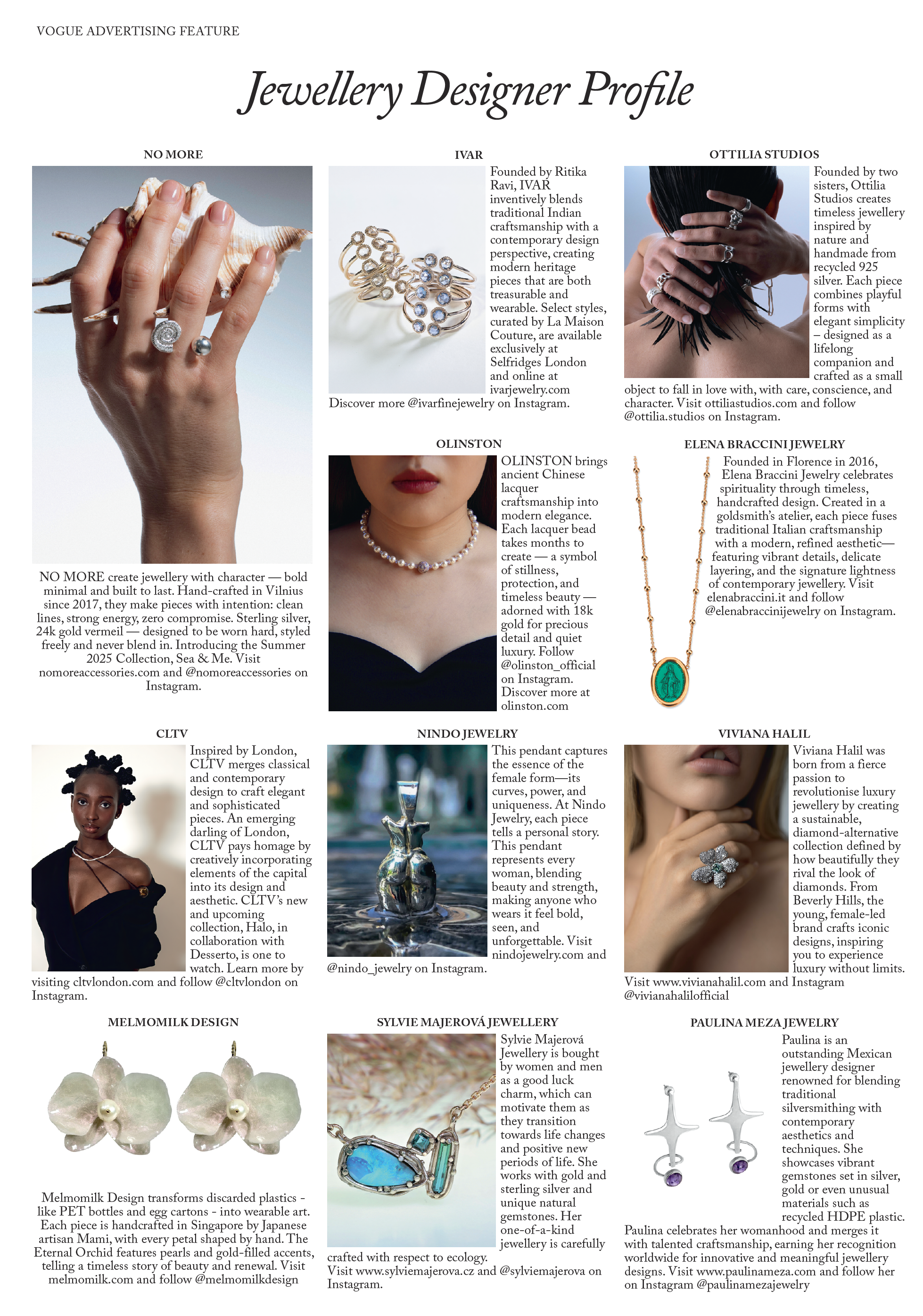 Jewellery designer profile with images of jewelry and brief descriptions.