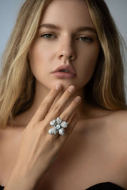A luxury floral statement ring worn by celebrities designed by Viviana Halil in Beverly hills.