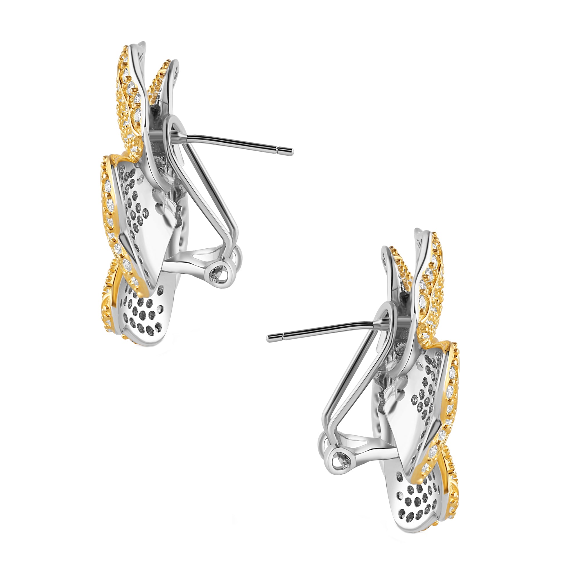 Close-up of The harriet earring 18k gold flower french back clip earrings designed by Viviana Halil. 