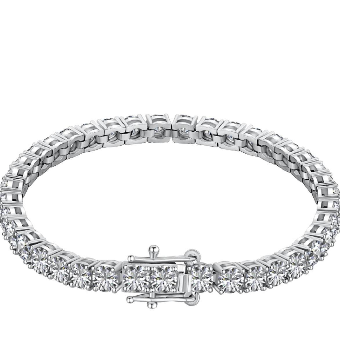 A silver tennis bracelet with premium zirconia stones set in a 4-prong setting, featuring a double safety push clasp.