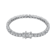 A silver tennis bracelet with premium zirconia stones set in a 4-prong setting, featuring a double safety push clasp.