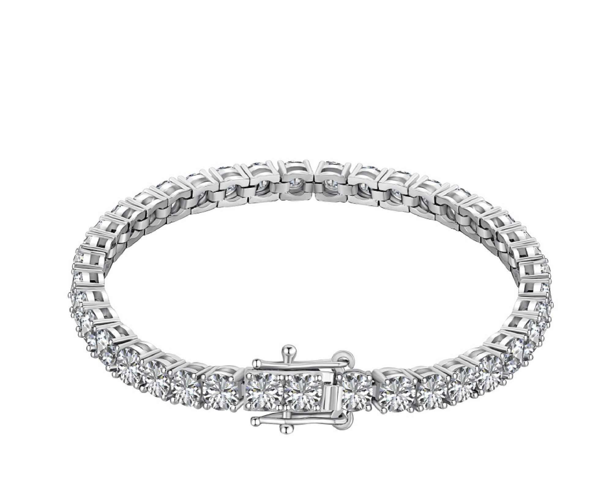 A silver tennis bracelet with premium zirconia stones set in a 4-prong setting, featuring a double safety push clasp.
