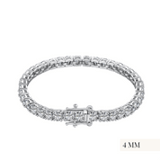 A silver tennis bracelet with premium zirconia stones set in a 4-prong setting, featuring a double safety push clasp.