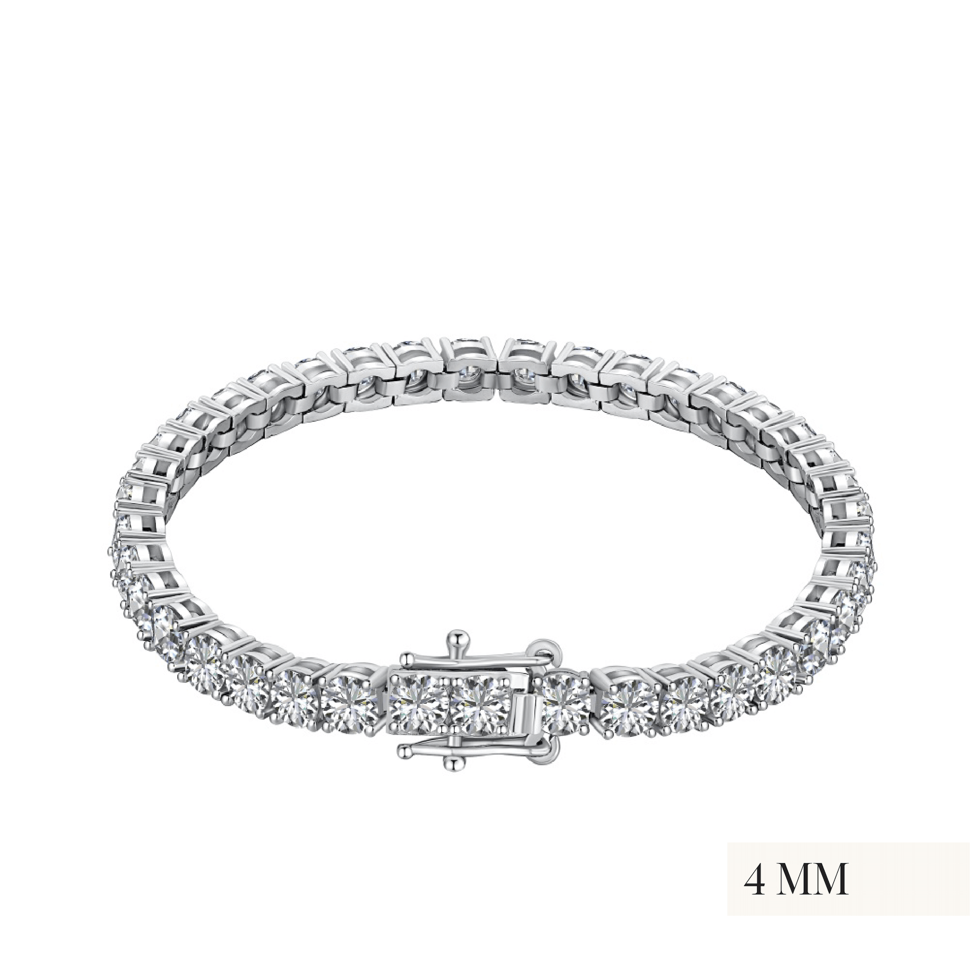 A silver tennis bracelet with premium zirconia stones set in a 4-prong setting, featuring a double safety push clasp.