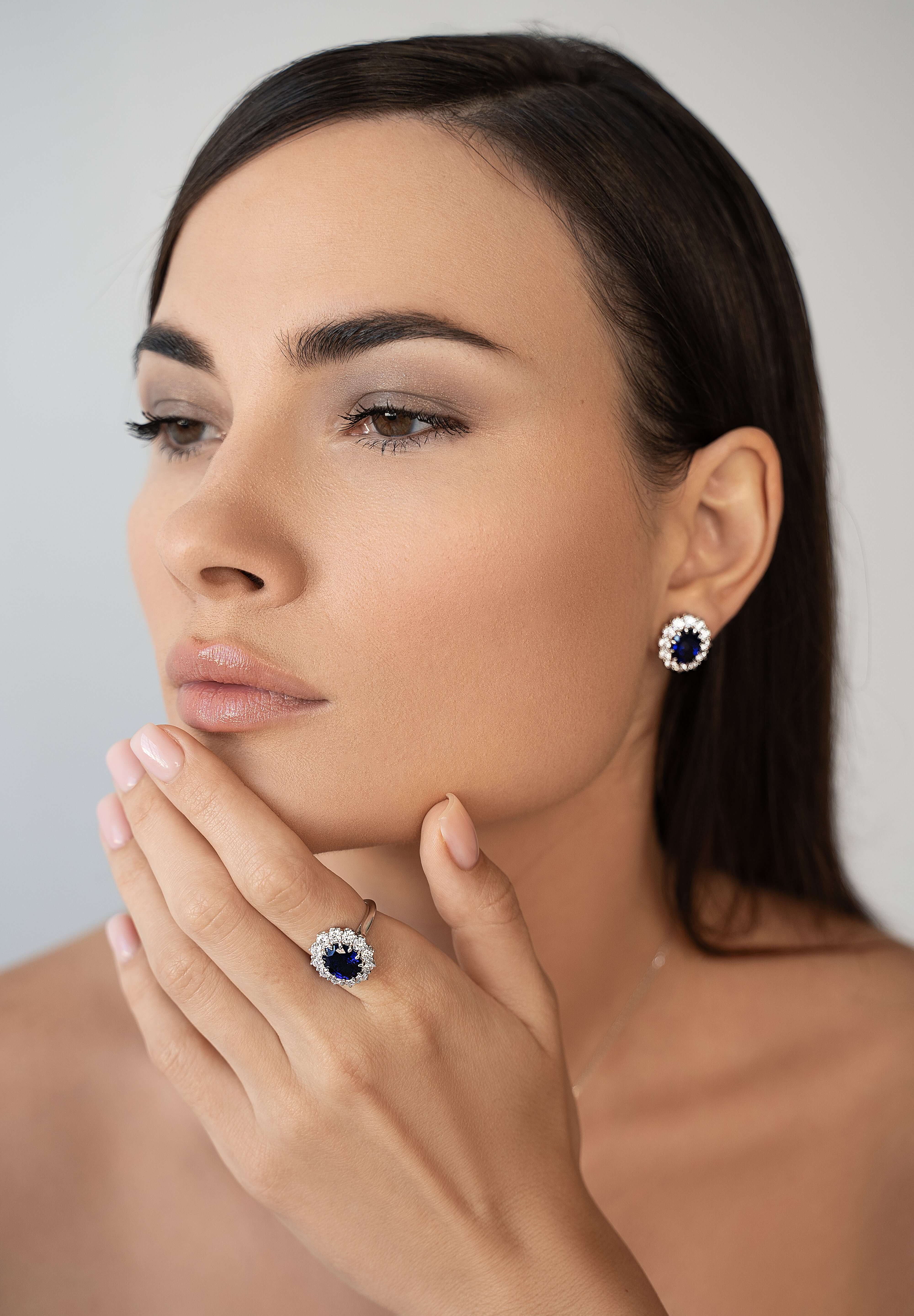 The Yahara Earrings Lab Blue Sapphire with Moissanite Halo in White Gold