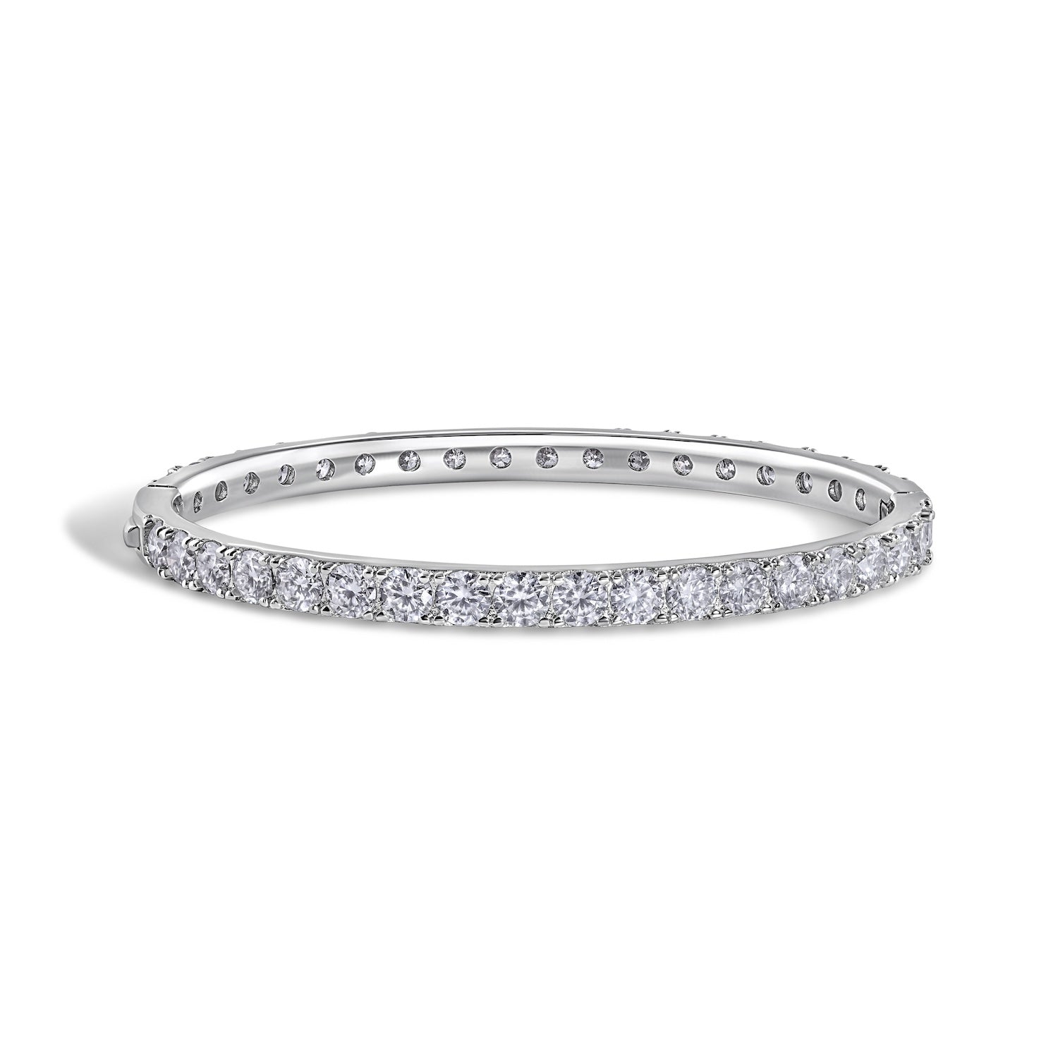 A sterling silver bangle bracelet encrusted with moissanite stones by viviana halil , displayed against a white background