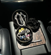 mini jewelry storage box displayed on luxury car console with fine jewelry inside from viviana halil