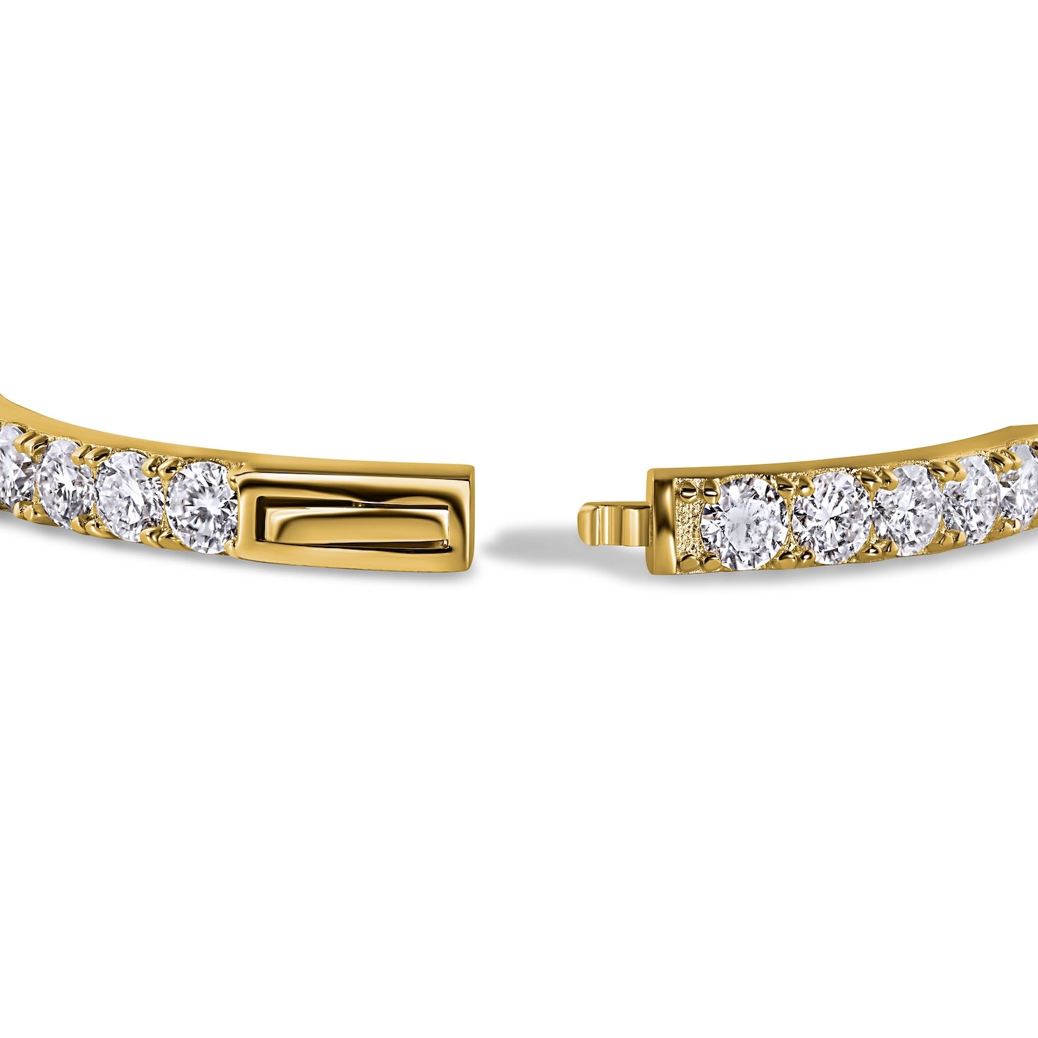 Luxury oval 18k gold coated sterling silver bangle with push clasp closure and  full diamond sparkle moissanite by Viviana Halil.

