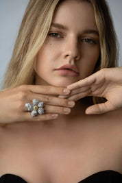 Editorial shot of The flower ring quiet luxury jewelry by Viviana Halil of beverly hills. 
