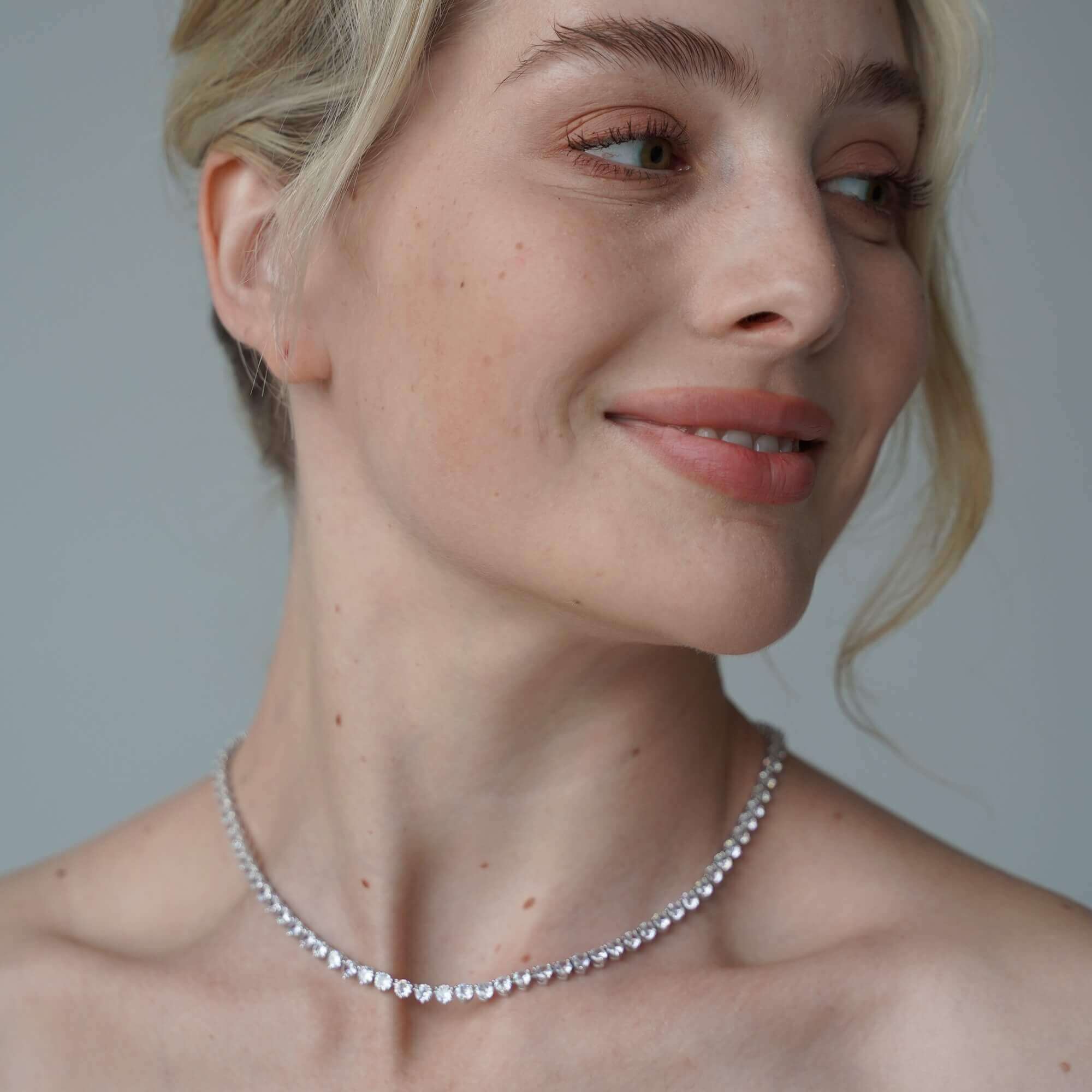As seen in Vogue, The luxxe tenne premium zirconia sterling silver tennis necklace by viviana halil. 