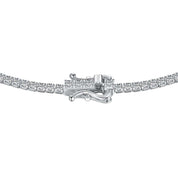 A row of brilliant diamond simulants set on sterling silver tennis necklace by Viviana Halil.

