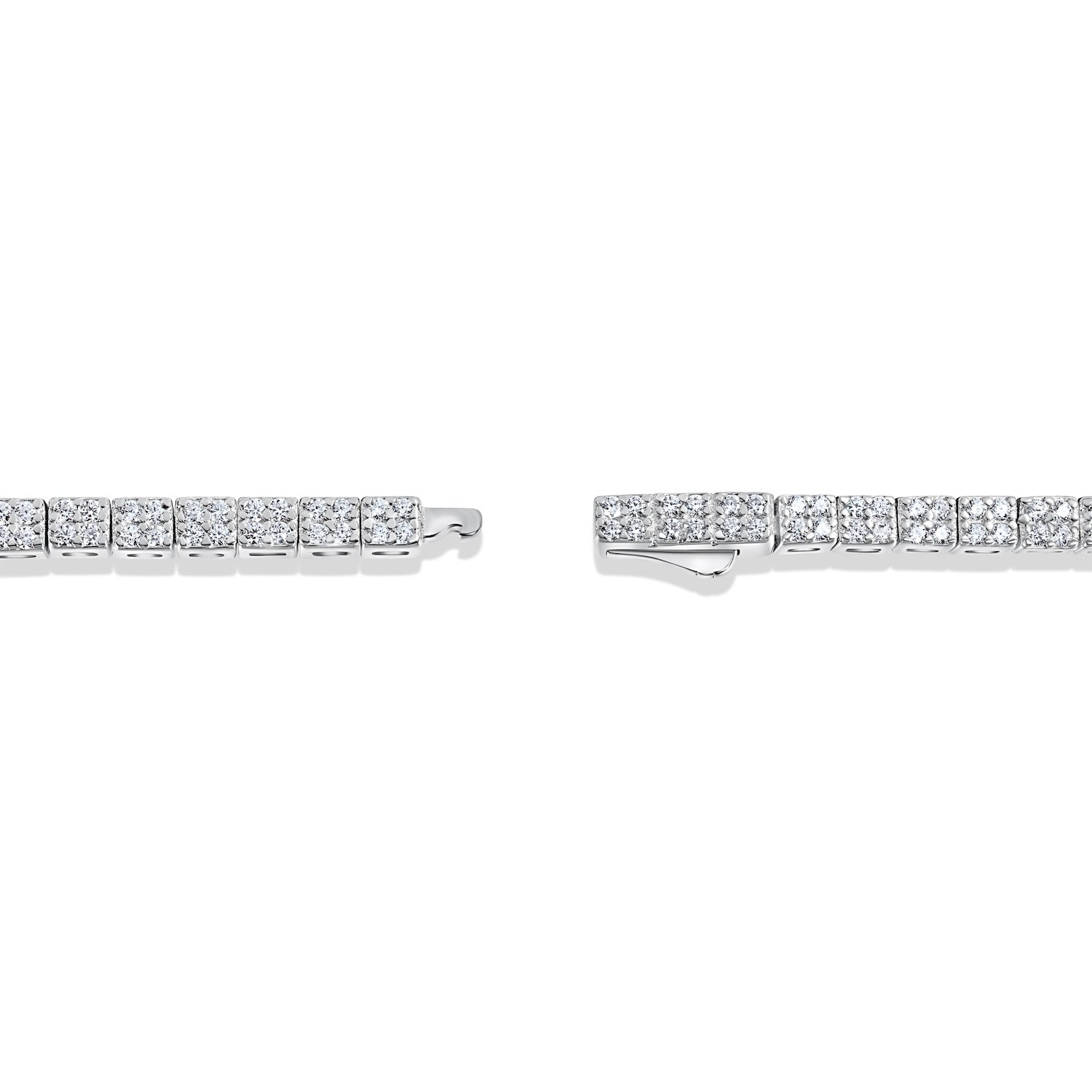 close-up of silver necklace with sculpted links and pavé stones and hidden box clasp closure