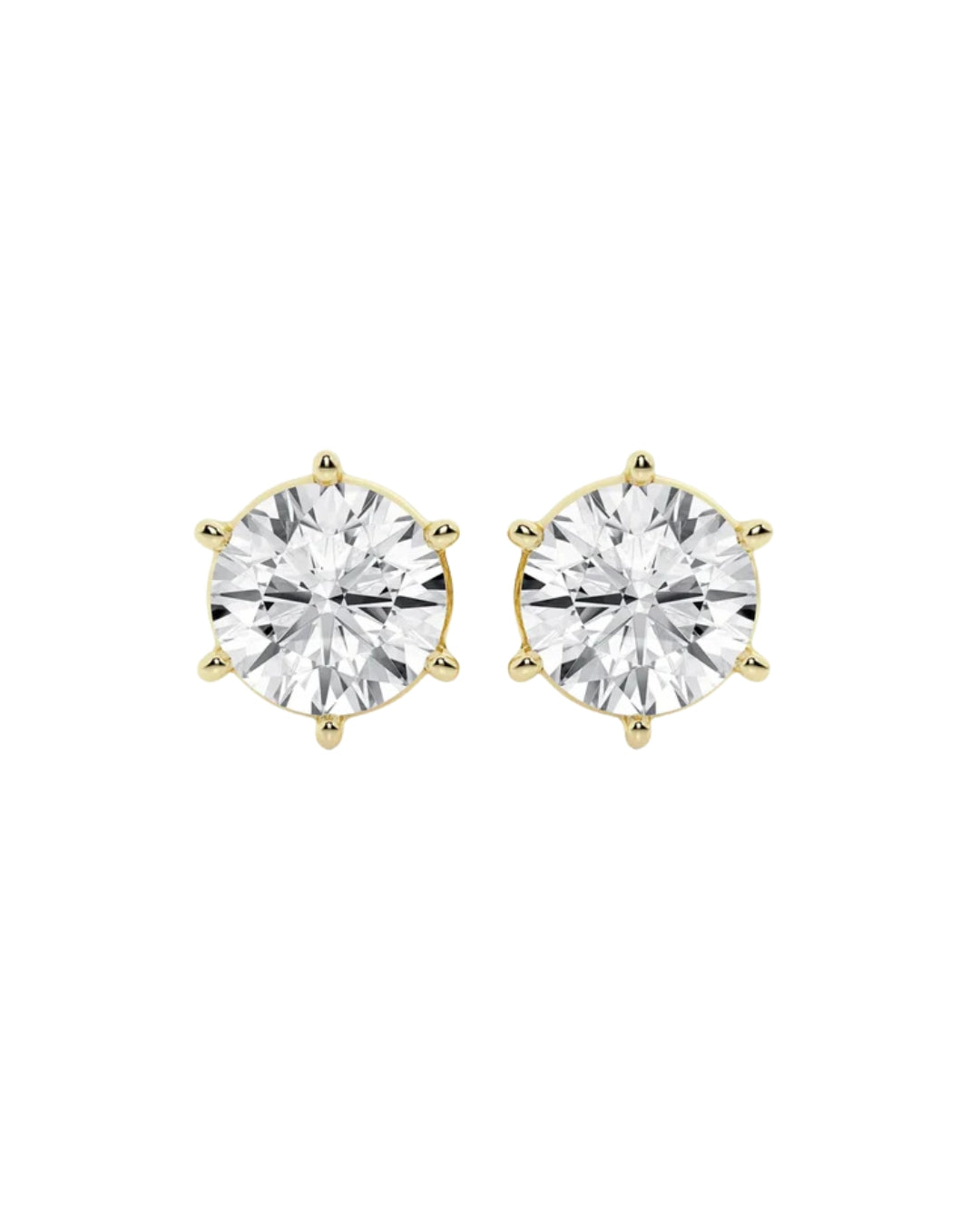A pair of round-cut stud earrings in moissanite in a six-prong 14k gold setting, shown against a plain white background.