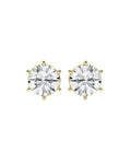 A pair of round-cut stud earrings in moissanite in a six-prong 14k gold setting, shown against a plain white background.